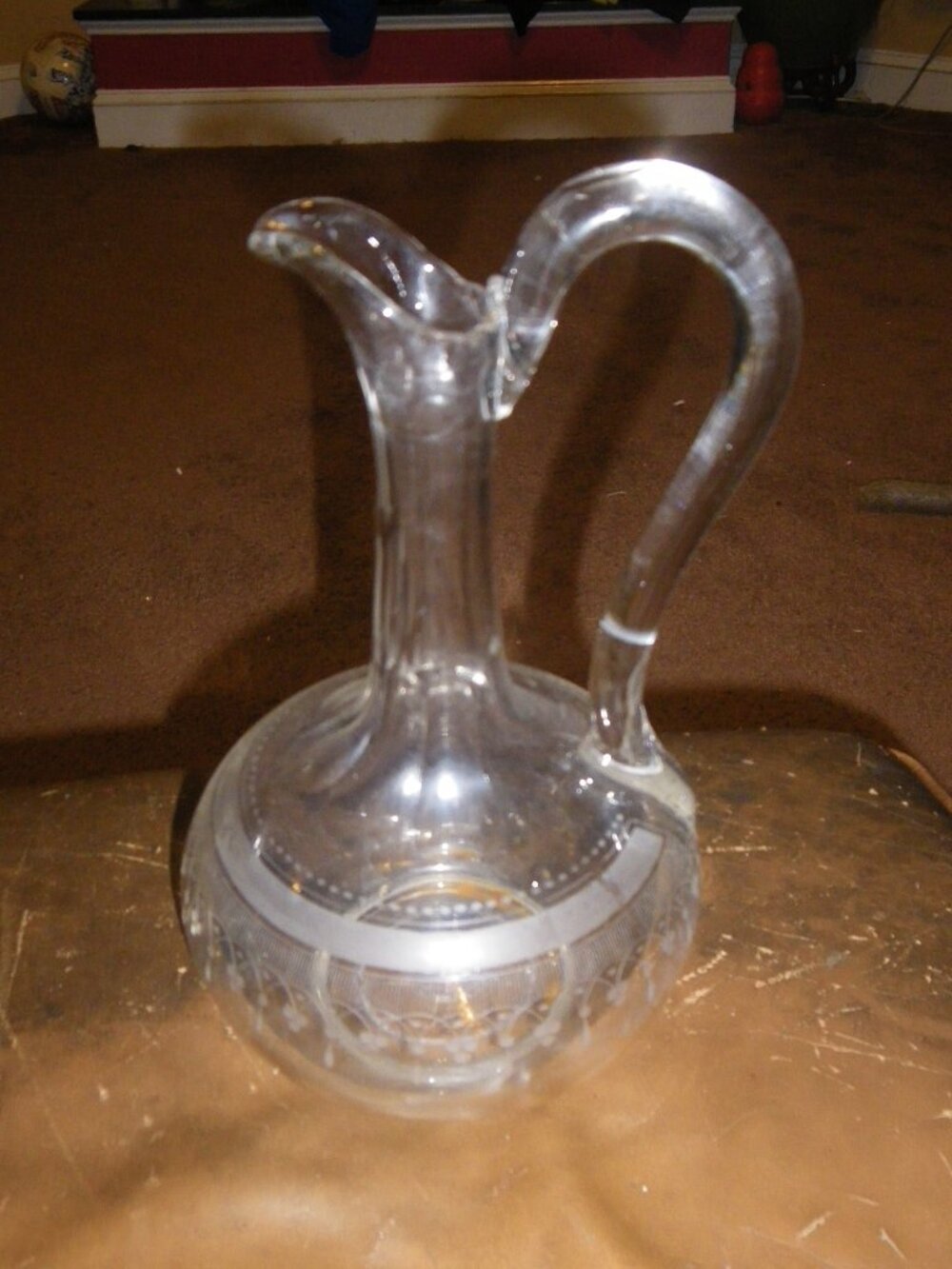 Vintage Tall Glass Ornate Pitcher